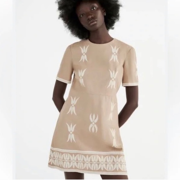 Zara Tan/Cream Embroidered Dress - Picture 1 of 9